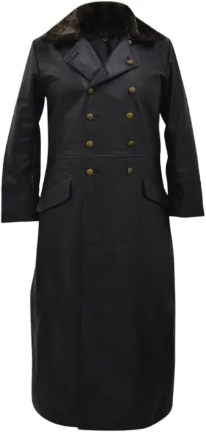 World War 2 Leather German Coat - Waffen Elite Officers Military Uniform Coat - WW2 Fur Collar Black Long Trench Leather Coat