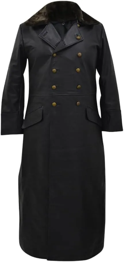 World War 2 Leather German Coat - Waffen Elite Officers Military Uniform Coat - WW2 Fur Collar Black Long Trench Leather Coat