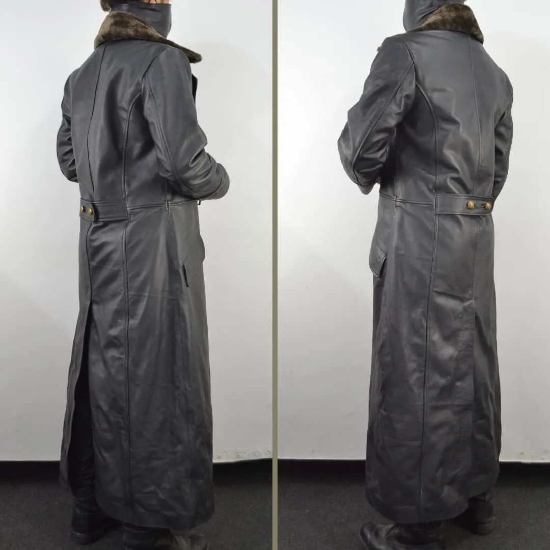 World War 2 Leather German Coat - Waffen Elite Officers Military Uniform Coat - WW2 Fur Collar Black Long Trench Leather Coat