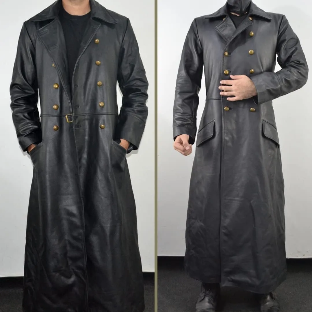 World War 2 Leather German Coat - Waffen Elite Officers Military Uniform Coat - WW2 Fur Collar Black Long Trench Leather Coat