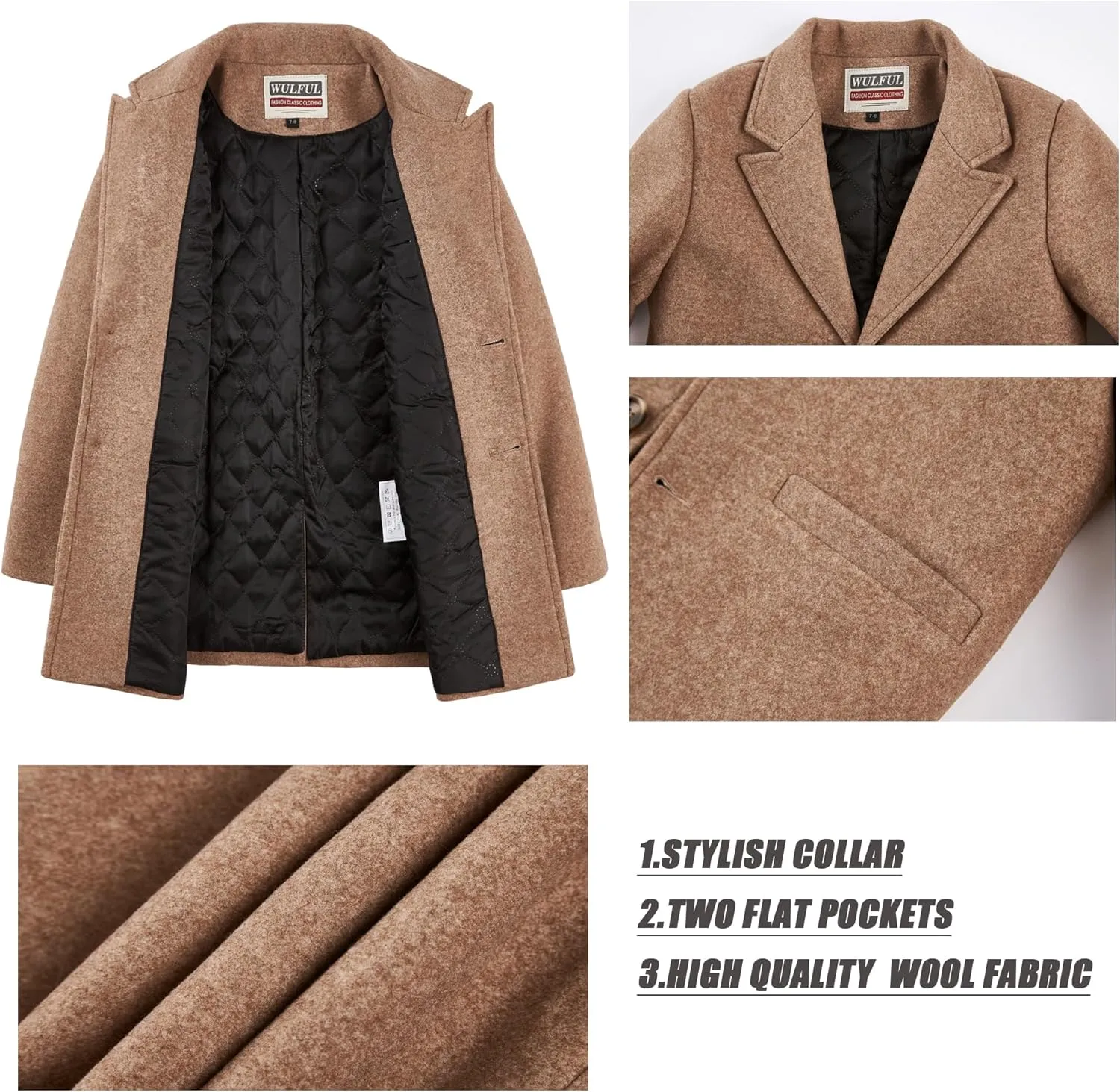 WULFUL Boys Wool Coat Single Breasted Trench Coat Winter Pea Coat