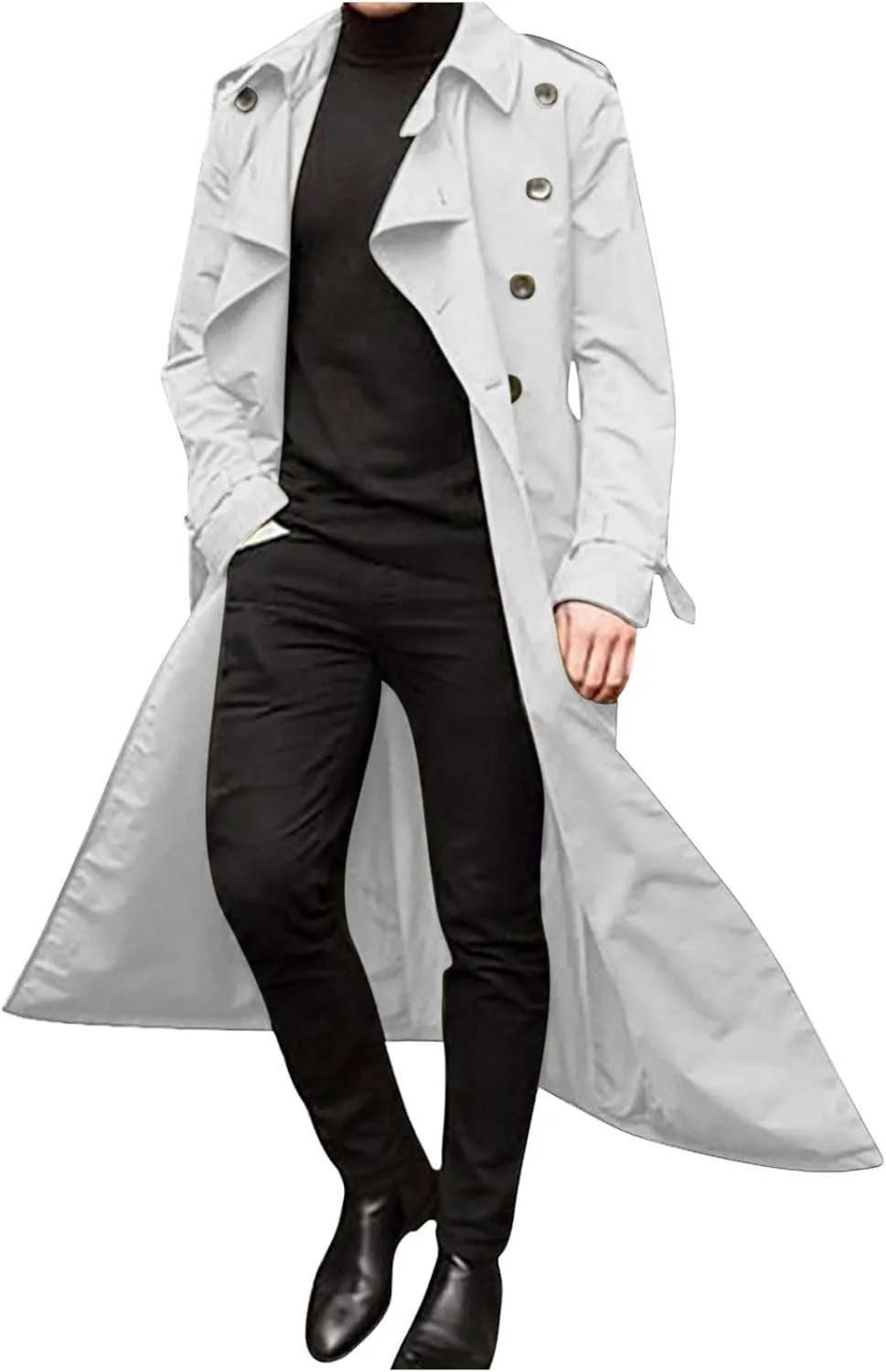 Xiaojmake Men's Slim Fit Trench Coat Double Breasted Mid-Long Jacket Notched Lapel Belted Windbreaker Fall Windproof Coat Top