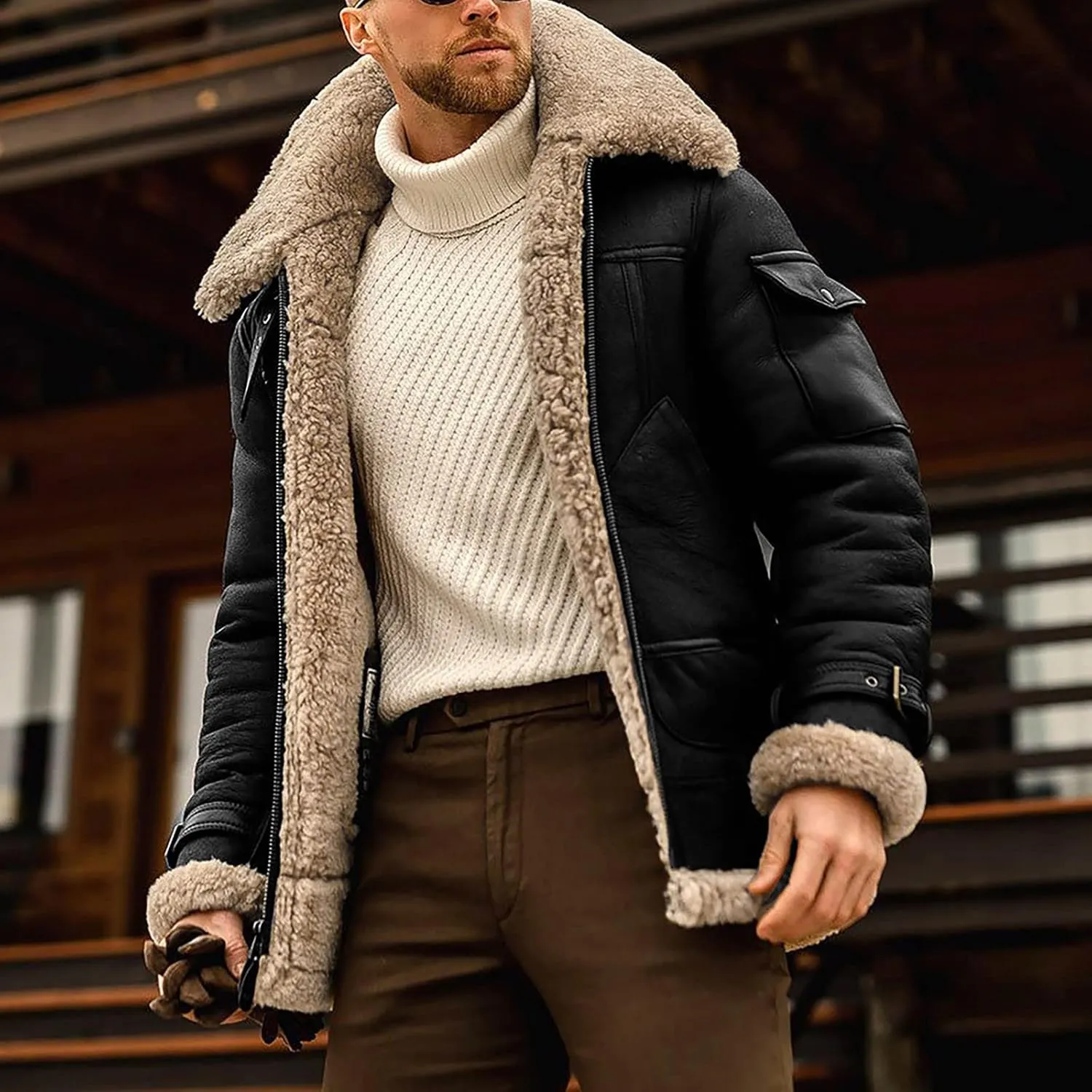 XIAXOGOOL Winter Coat For Men Big And Tall Faux Suede Fur Jacket Lapel Heavyweight Thicken Thermal Sherpa Lined Overcoat