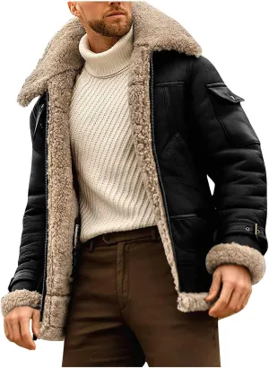 XIAXOGOOL Winter Coat For Men Big And Tall Faux Suede Fur Jacket Lapel Heavyweight Thicken Thermal Sherpa Lined Overcoat