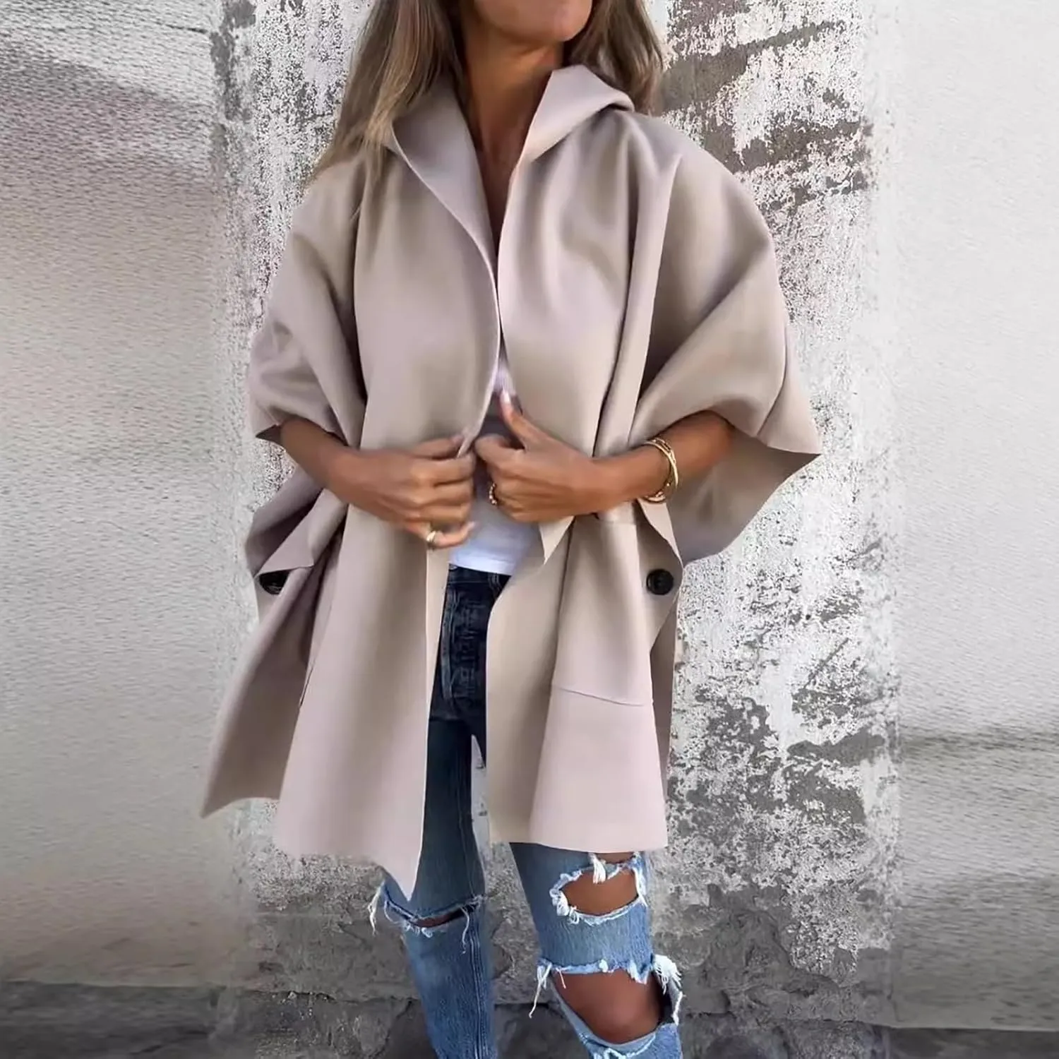 XOWRTE Women's Half Sleeve Poncho Single Breasted Winter Casual Lightweight Cape Cloak Coat Waterproof Lapel Fashions Jacket