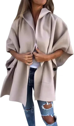 XOWRTE Women's Half Sleeve Poncho Single Breasted Winter Casual Lightweight Cape Cloak Coat Waterproof Lapel Fashions Jacket