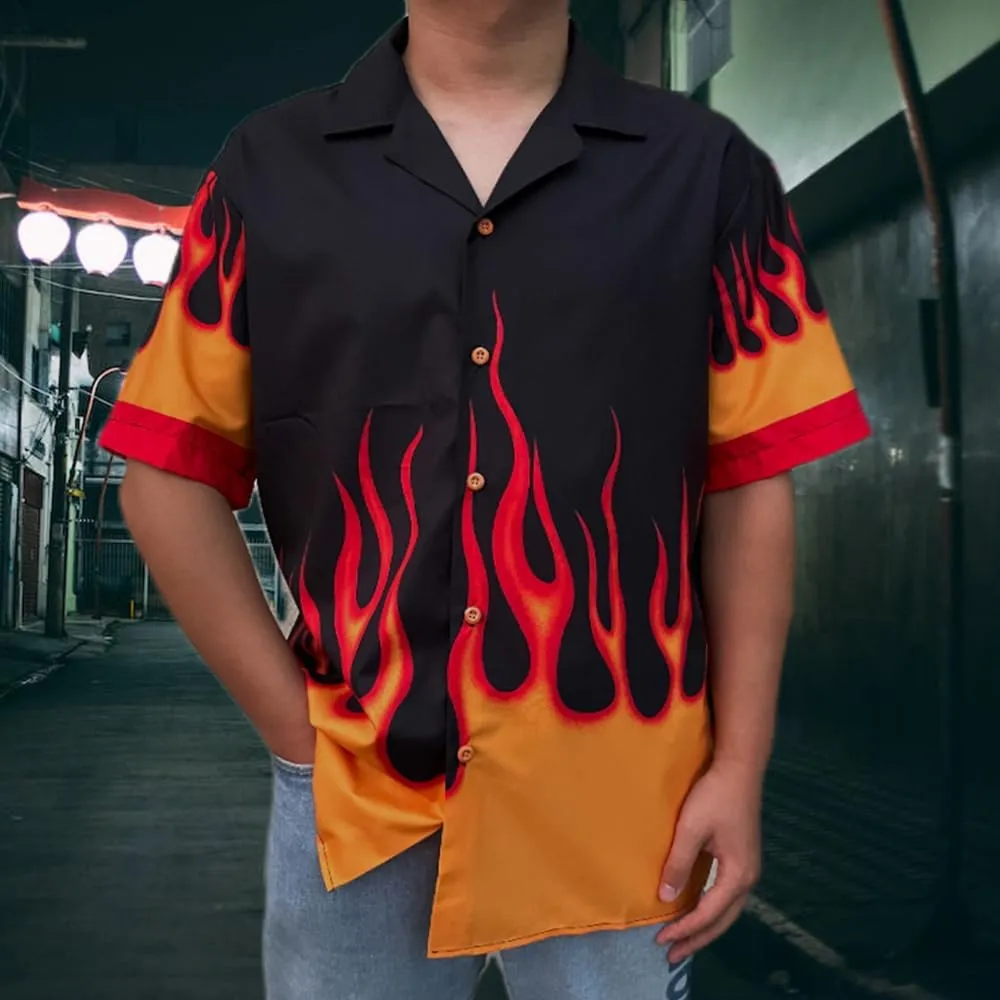 YEMOCILE Button Down Flame Shirt for Men Women Oversized Short Sleeve T-Shirt