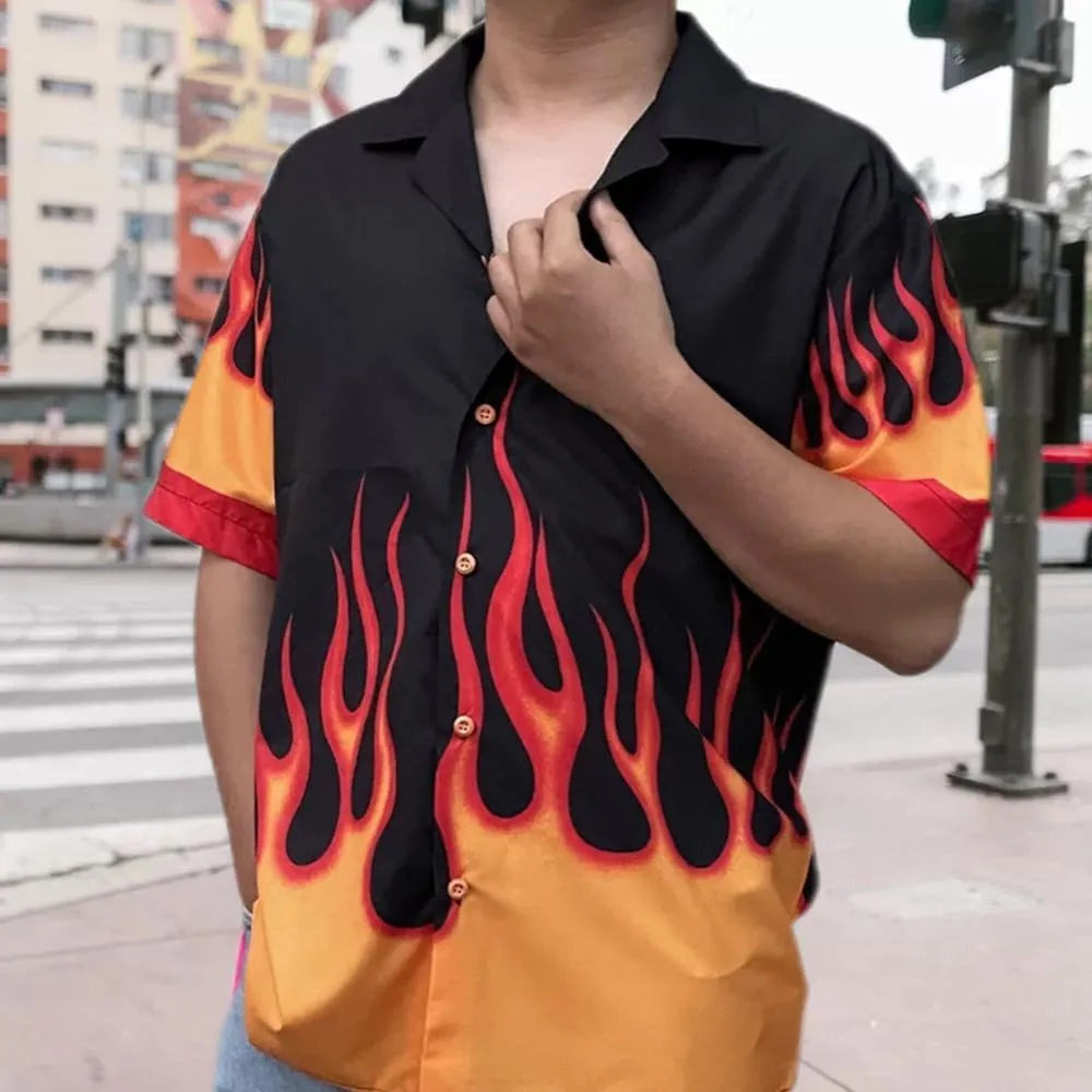 YEMOCILE Button Down Flame Shirt for Men Women Oversized Short Sleeve T-Shirt