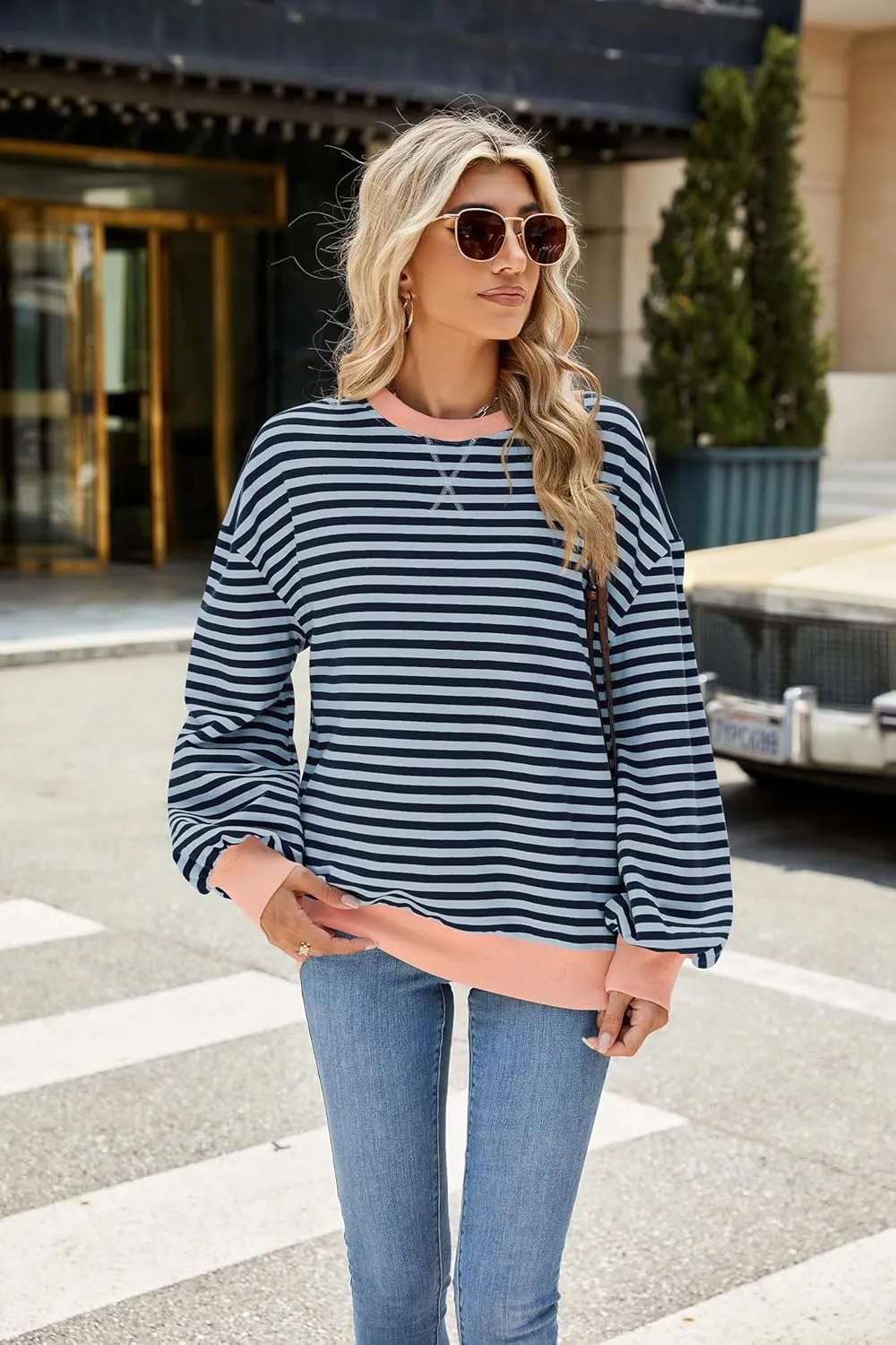 Yknktstc Womens Striped Pullover Tops Shirt Fall Clothes Long Lantern Sleeve Soft Loose Crew Neck Y2K Sweatshirts