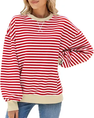 Yknktstc Womens Striped Pullover Tops Shirt Fall Clothes Long Lantern Sleeve Soft Loose Crew Neck Y2K Sweatshirts