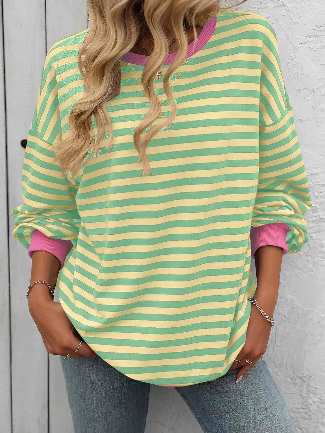 Yknktstc Womens Striped Pullover Tops Shirt Fall Clothes Long Lantern Sleeve Soft Loose Crew Neck Y2K Sweatshirts