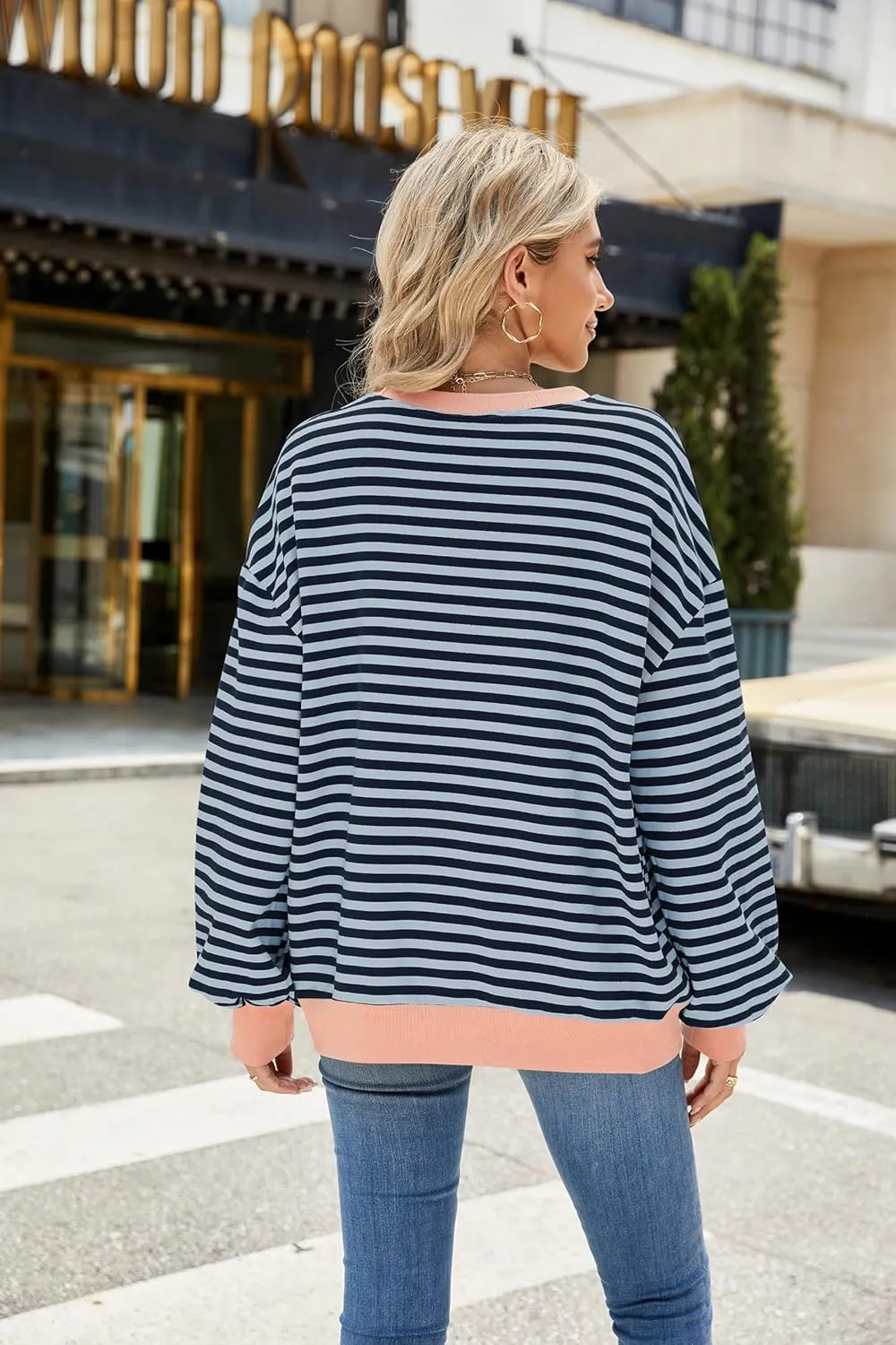 Yknktstc Womens Striped Pullover Tops Shirt Fall Clothes Long Lantern Sleeve Soft Loose Crew Neck Y2K Sweatshirts