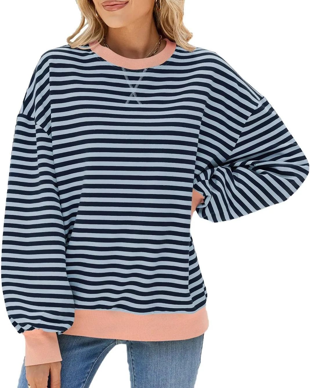 Yknktstc Womens Striped Pullover Tops Shirt Fall Clothes Long Lantern Sleeve Soft Loose Crew Neck Y2K Sweatshirts