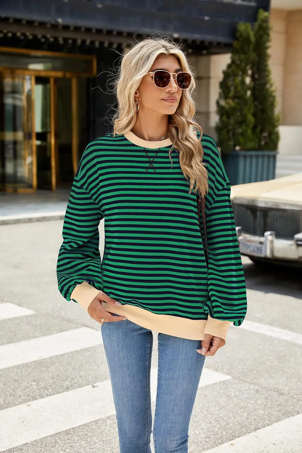 Yknktstc Womens Striped Pullover Tops Shirt Fall Clothes Long Lantern Sleeve Soft Loose Crew Neck Y2K Sweatshirts