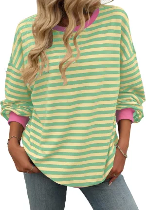 Yknktstc Womens Striped Pullover Tops Shirt Fall Clothes Long Lantern Sleeve Soft Loose Crew Neck Y2K Sweatshirts