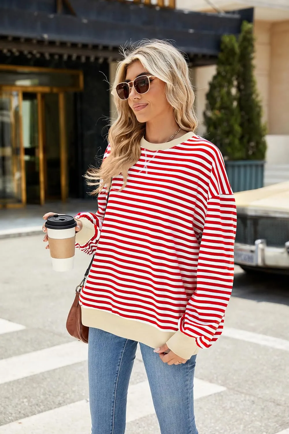 Yknktstc Womens Striped Pullover Tops Shirt Fall Clothes Long Lantern Sleeve Soft Loose Crew Neck Y2K Sweatshirts