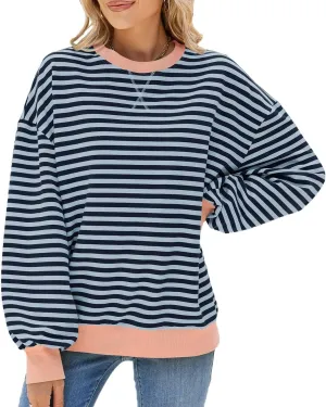 Yknktstc Womens Striped Pullover Tops Shirt Fall Clothes Long Lantern Sleeve Soft Loose Crew Neck Y2K Sweatshirts