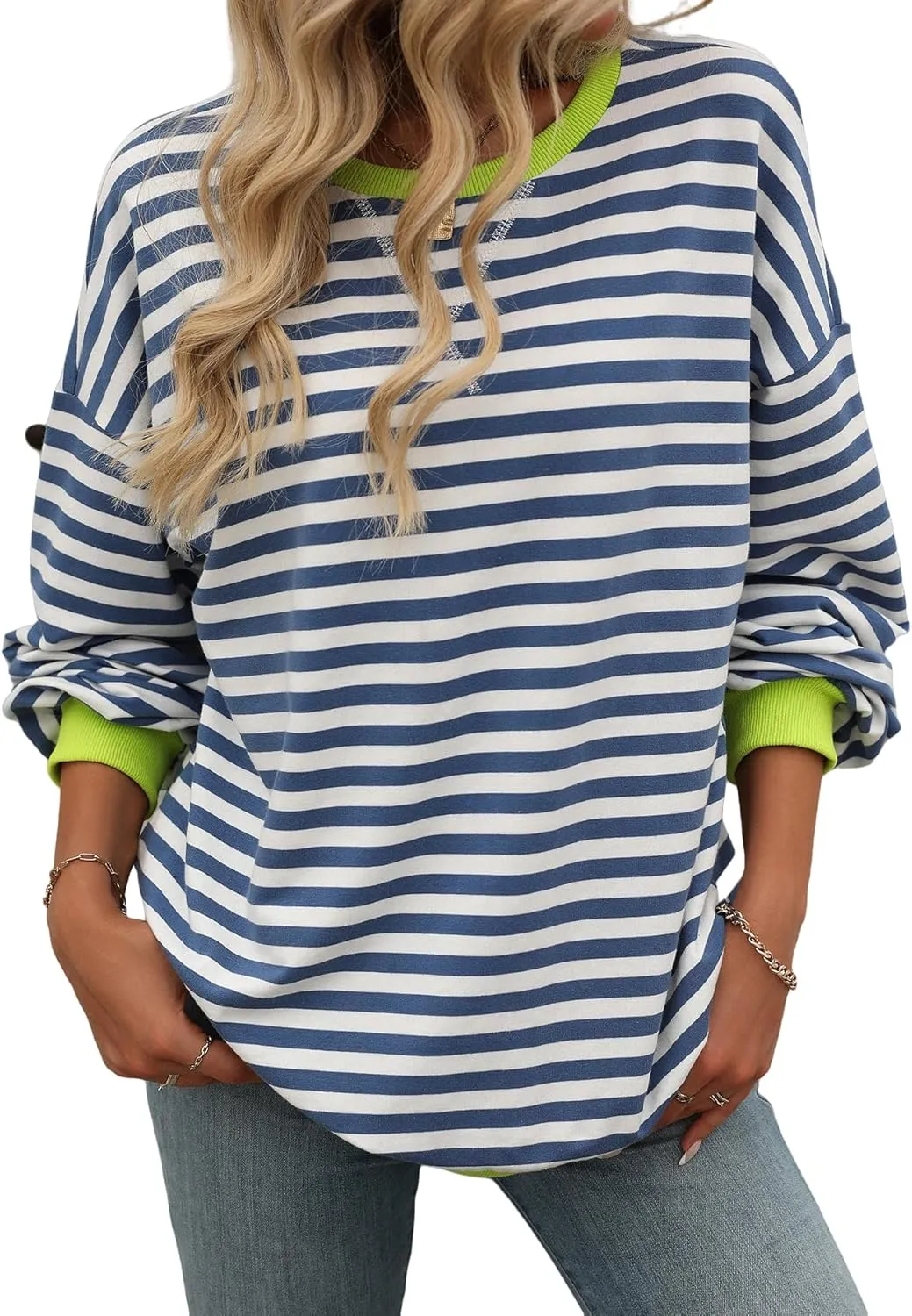 Yknktstc Womens Striped Pullover Tops Shirt Fall Clothes Long Lantern Sleeve Soft Loose Crew Neck Y2K Sweatshirts