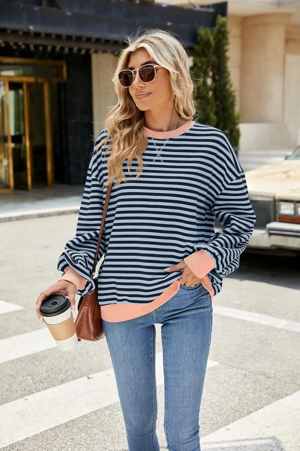 Yknktstc Womens Striped Pullover Tops Shirt Fall Clothes Long Lantern Sleeve Soft Loose Crew Neck Y2K Sweatshirts