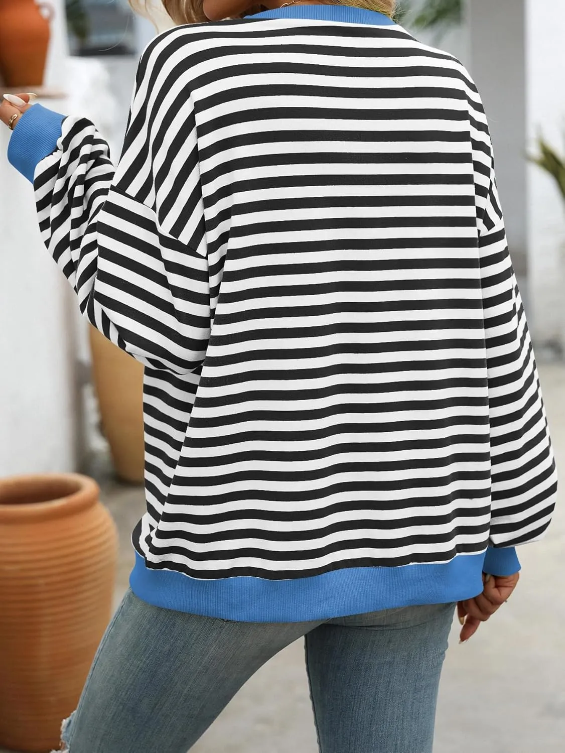 Yknktstc Womens Striped Pullover Tops Shirt Fall Clothes Long Lantern Sleeve Soft Loose Crew Neck Y2K Sweatshirts