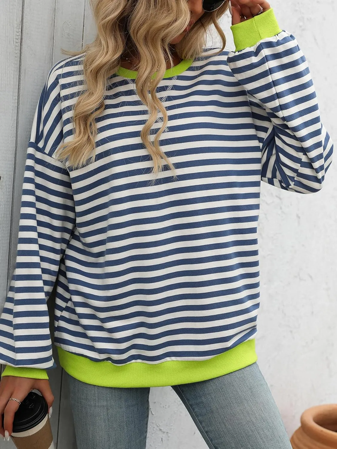 Yknktstc Womens Striped Pullover Tops Shirt Fall Clothes Long Lantern Sleeve Soft Loose Crew Neck Y2K Sweatshirts
