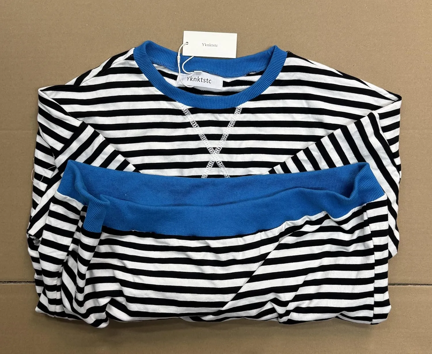Yknktstc Womens Striped Pullover Tops Shirt Fall Clothes Long Lantern Sleeve Soft Loose Crew Neck Y2K Sweatshirts