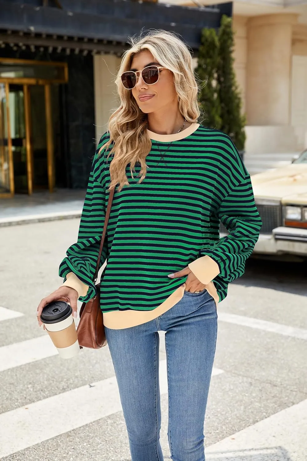 Yknktstc Womens Striped Pullover Tops Shirt Fall Clothes Long Lantern Sleeve Soft Loose Crew Neck Y2K Sweatshirts