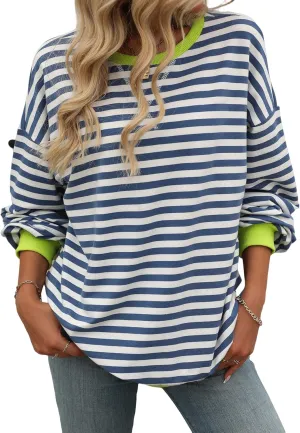Yknktstc Womens Striped Pullover Tops Shirt Fall Clothes Long Lantern Sleeve Soft Loose Crew Neck Y2K Sweatshirts