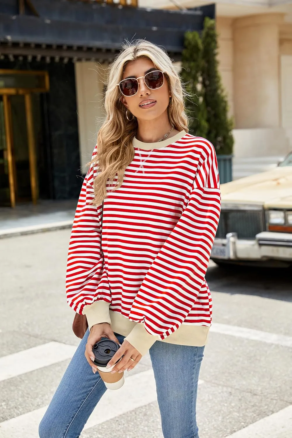 Yknktstc Womens Striped Pullover Tops Shirt Fall Clothes Long Lantern Sleeve Soft Loose Crew Neck Y2K Sweatshirts