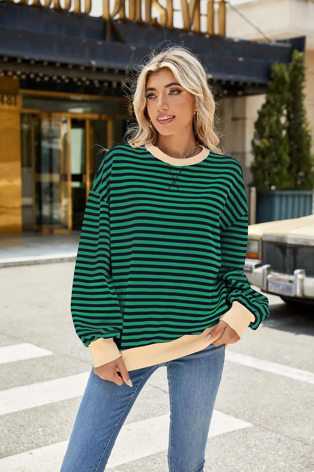 Yknktstc Womens Striped Pullover Tops Shirt Fall Clothes Long Lantern Sleeve Soft Loose Crew Neck Y2K Sweatshirts