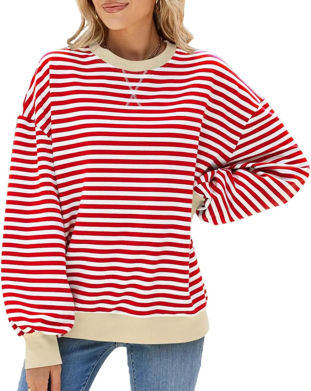 Yknktstc Womens Striped Pullover Tops Shirt Fall Clothes Long Lantern Sleeve Soft Loose Crew Neck Y2K Sweatshirts