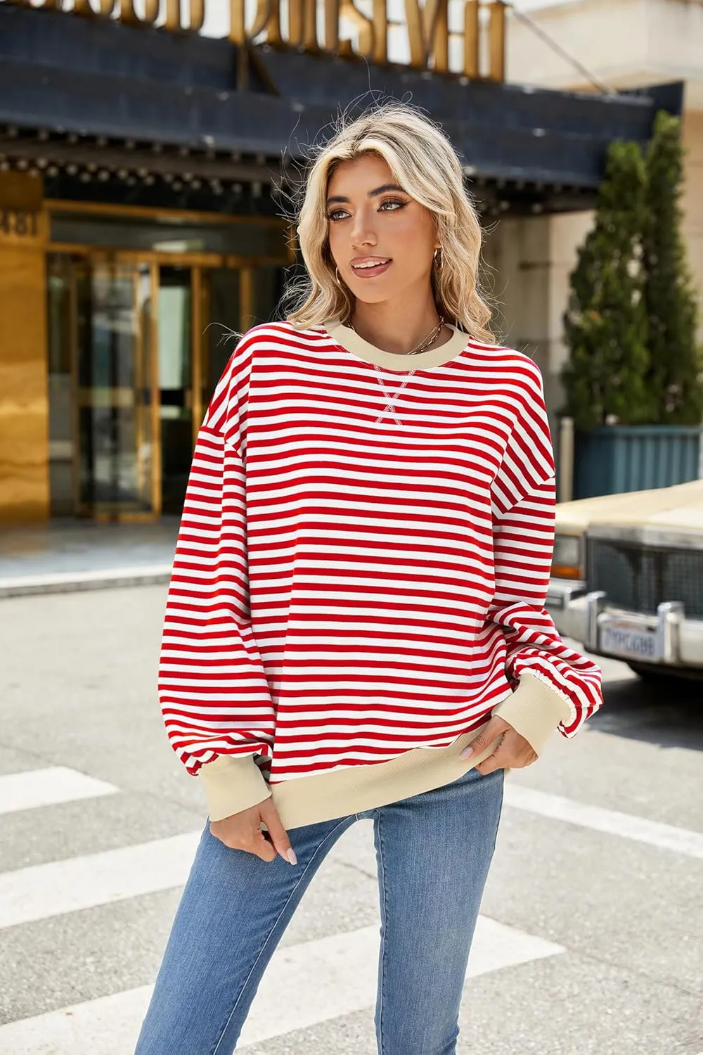 Yknktstc Womens Striped Pullover Tops Shirt Fall Clothes Long Lantern Sleeve Soft Loose Crew Neck Y2K Sweatshirts
