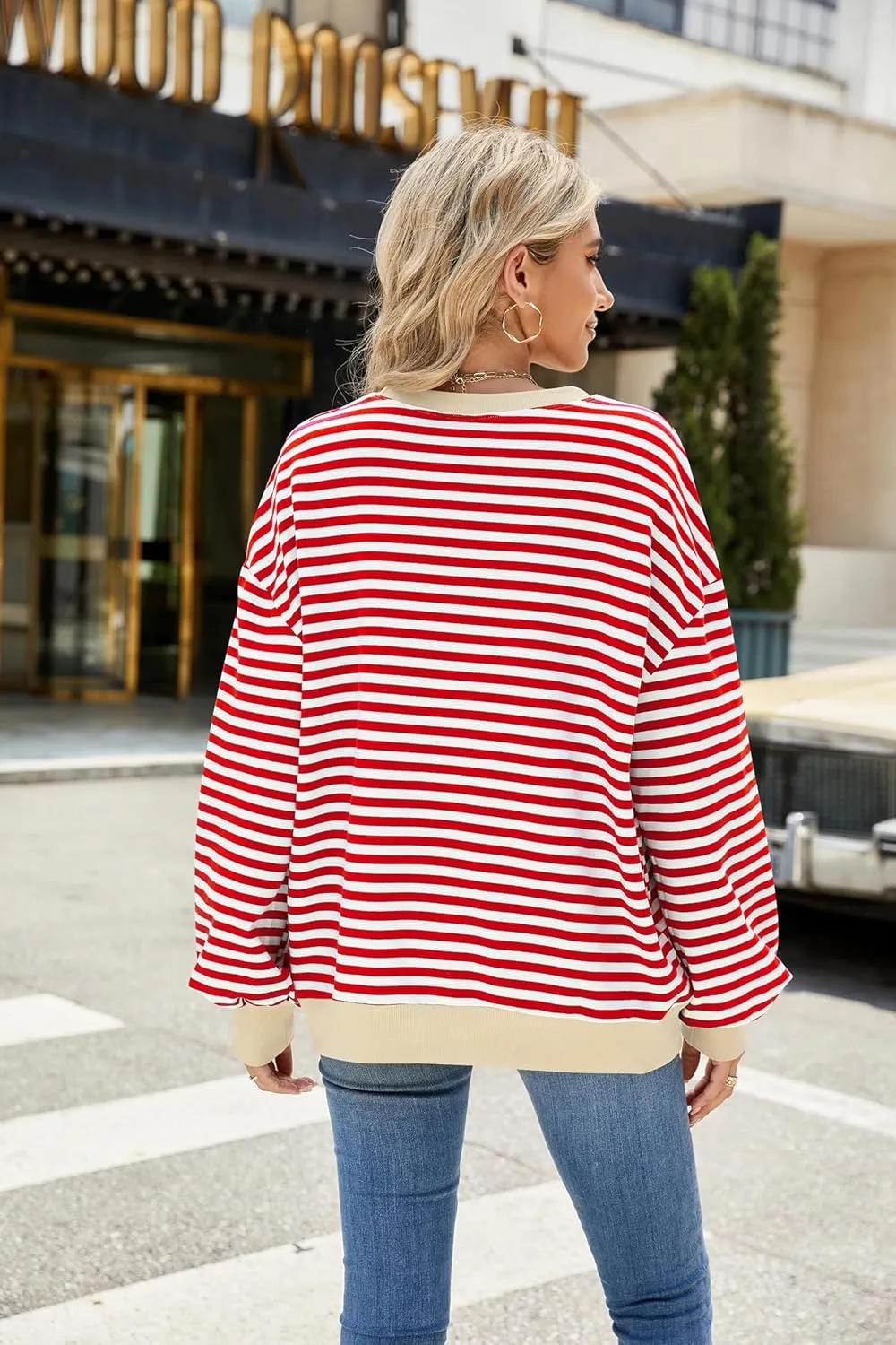 Yknktstc Womens Striped Pullover Tops Shirt Fall Clothes Long Lantern Sleeve Soft Loose Crew Neck Y2K Sweatshirts