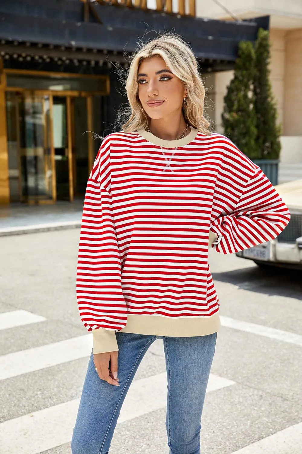 Yknktstc Womens Striped Pullover Tops Shirt Fall Clothes Long Lantern Sleeve Soft Loose Crew Neck Y2K Sweatshirts