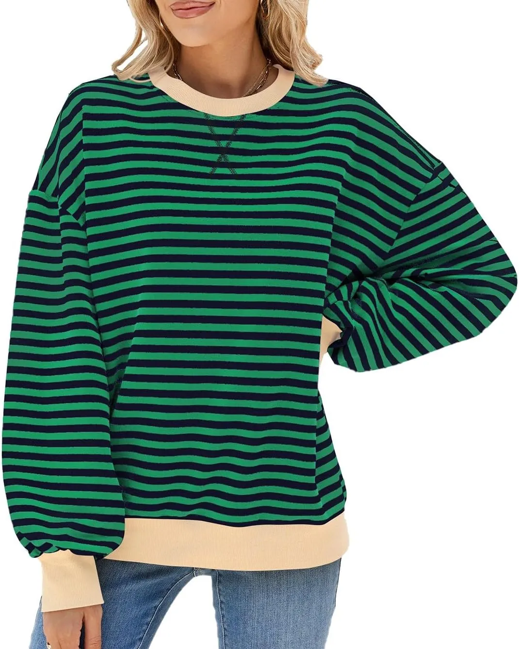 Yknktstc Womens Striped Pullover Tops Shirt Fall Clothes Long Lantern Sleeve Soft Loose Crew Neck Y2K Sweatshirts