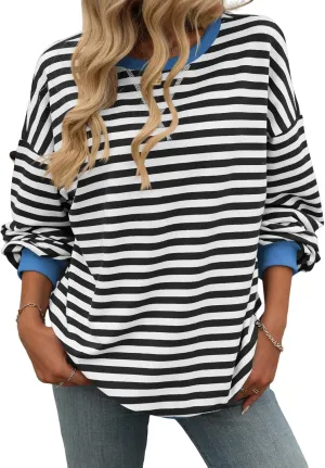 Yknktstc Womens Striped Pullover Tops Shirt Fall Clothes Long Lantern Sleeve Soft Loose Crew Neck Y2K Sweatshirts