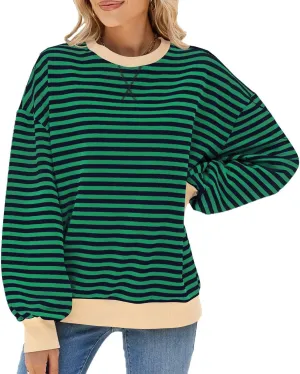 Yknktstc Womens Striped Pullover Tops Shirt Fall Clothes Long Lantern Sleeve Soft Loose Crew Neck Y2K Sweatshirts