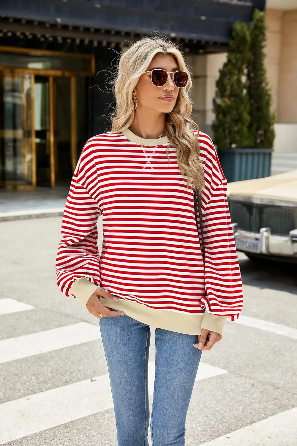 Yknktstc Womens Striped Pullover Tops Shirt Fall Clothes Long Lantern Sleeve Soft Loose Crew Neck Y2K Sweatshirts
