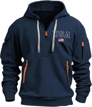 ZEFOTIM Hoodie for Men Drawstring Quarter Zip Pullover 1776 American Sweatshirt Workout Hoodie with Pockets