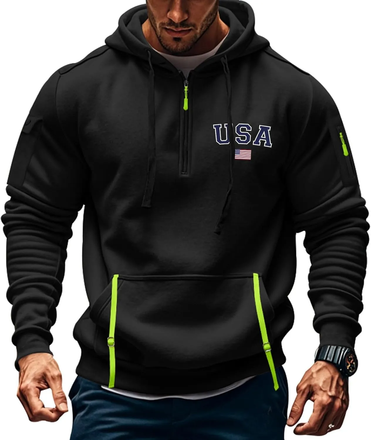 ZEFOTIM Hoodie for Men Drawstring Quarter Zip Pullover 1776 American Sweatshirt Workout Hoodie with Pockets