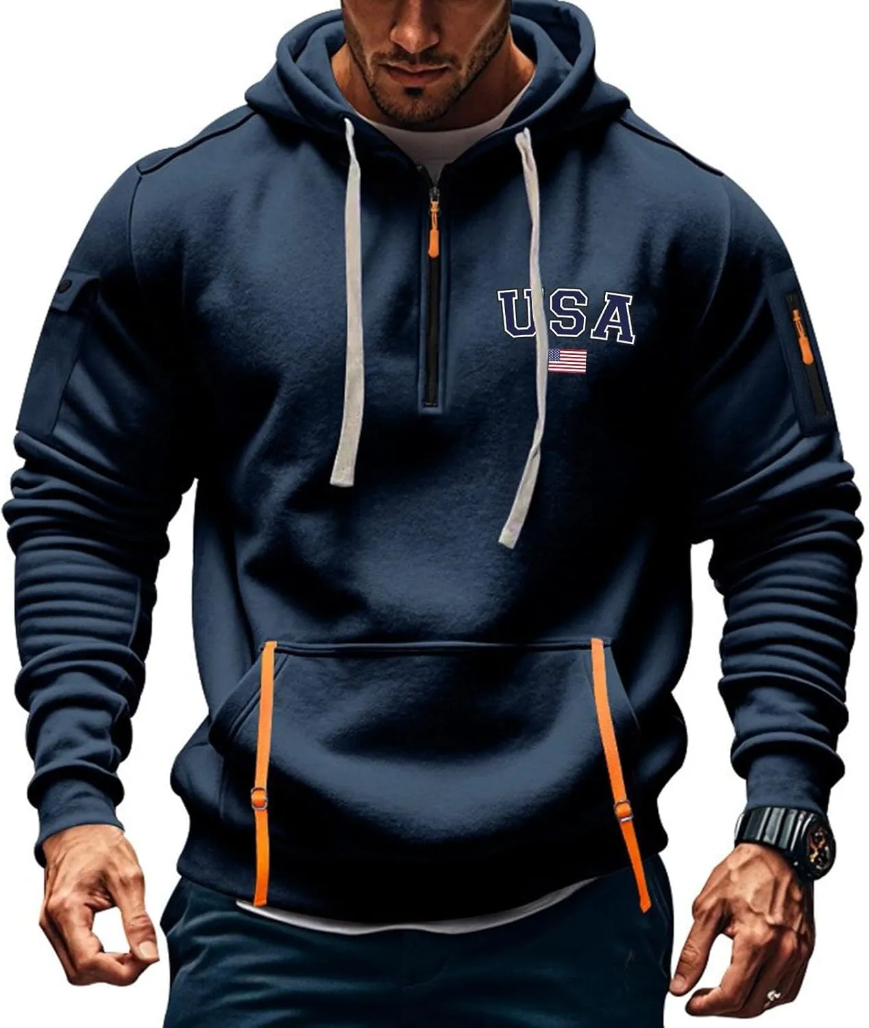 ZEFOTIM Hoodie for Men Drawstring Quarter Zip Pullover 1776 American Sweatshirt Workout Hoodie with Pockets