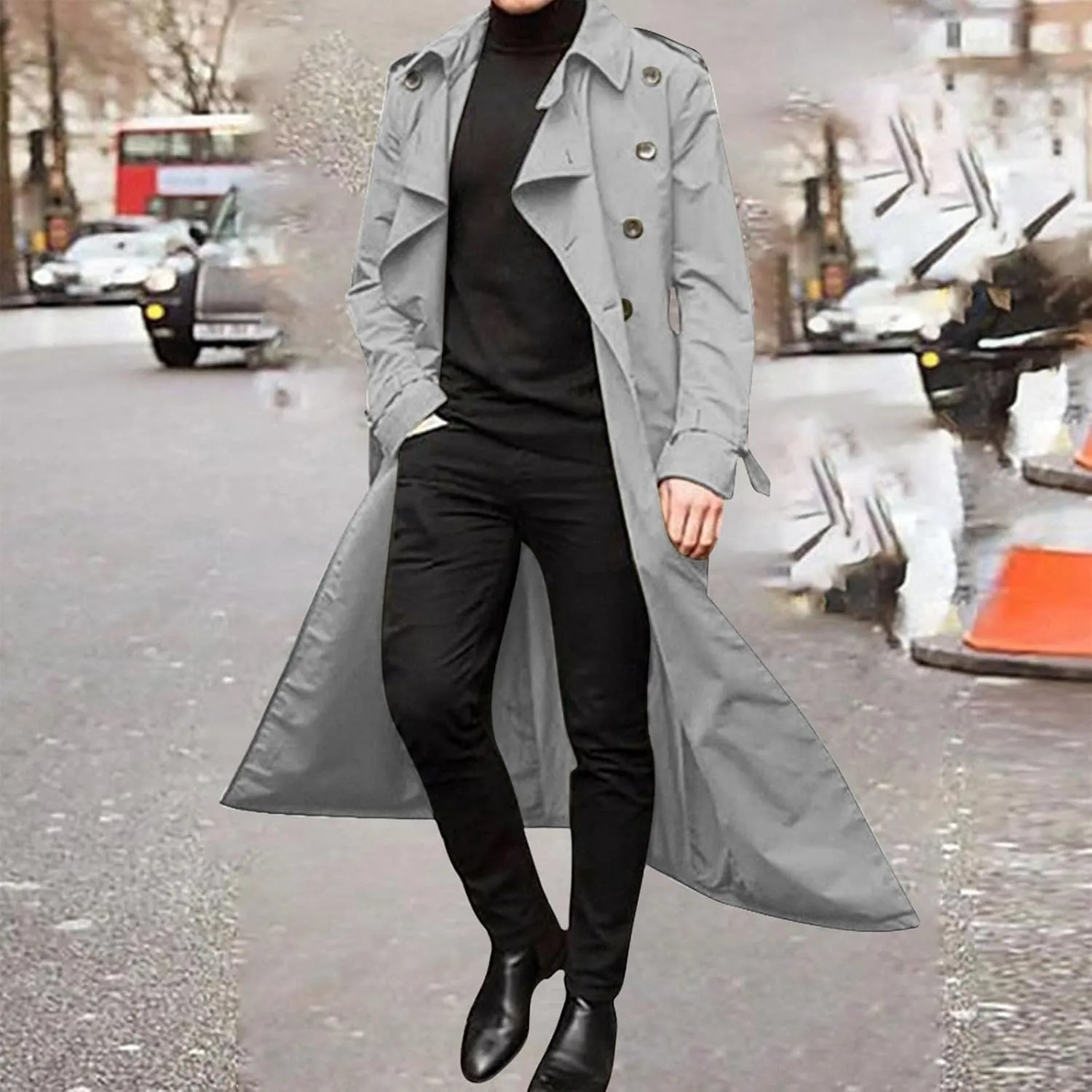 Zeiyignr Man's Double Breasted Trench Coat Oversized Casual windbreaker Business Notched Lapel Long Jacket Overcoat with Belt