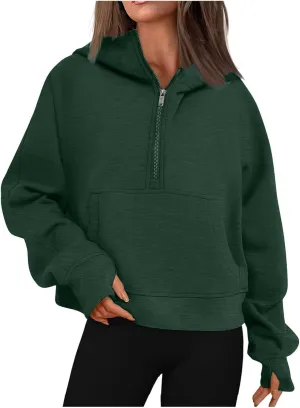 Zip Up Hoodie Women,2024 Fall Thumb Hole Half Zip Sweatshirts Fleece Jackets Tops Oversized Pullover With Pockets
