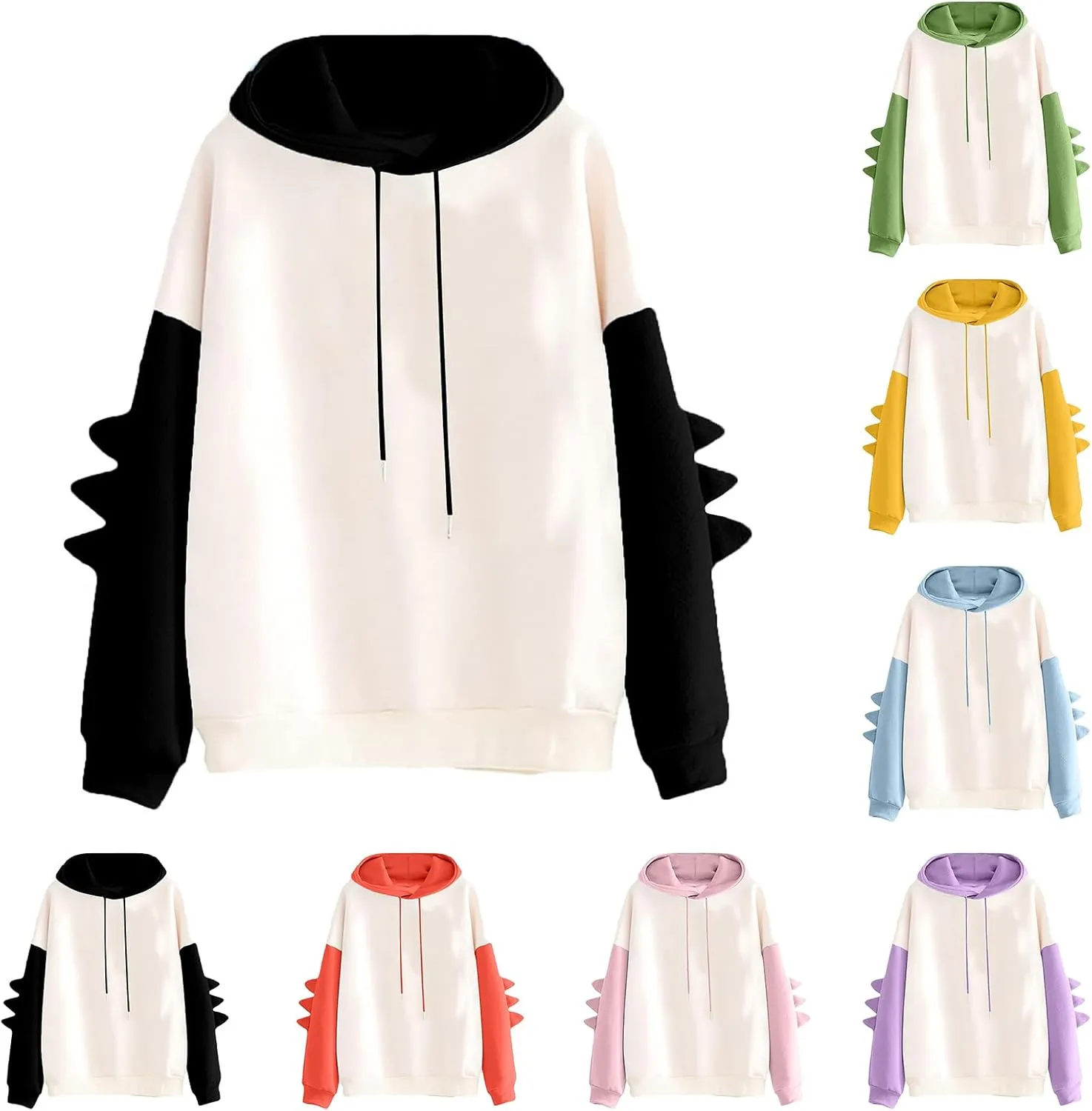 ZWRXW Womens Dinosaur Hooded Sweatshirt Color Block Long Sleeve Oversized Pullover Tops Cute Drawstring Hoodies Sweatshirts