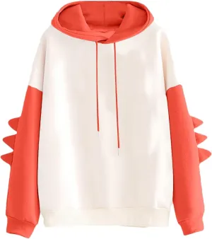 ZWRXW Womens Dinosaur Hooded Sweatshirt Color Block Long Sleeve Oversized Pullover Tops Cute Drawstring Hoodies Sweatshirts
