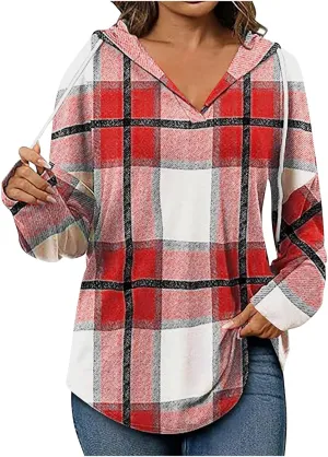 ZWRXW Womens Plaid Hoodies Oversized Drawstring Long Sleeve Pullover Casual Loose Fit V Neck Shirts Fashion Tunic Tops