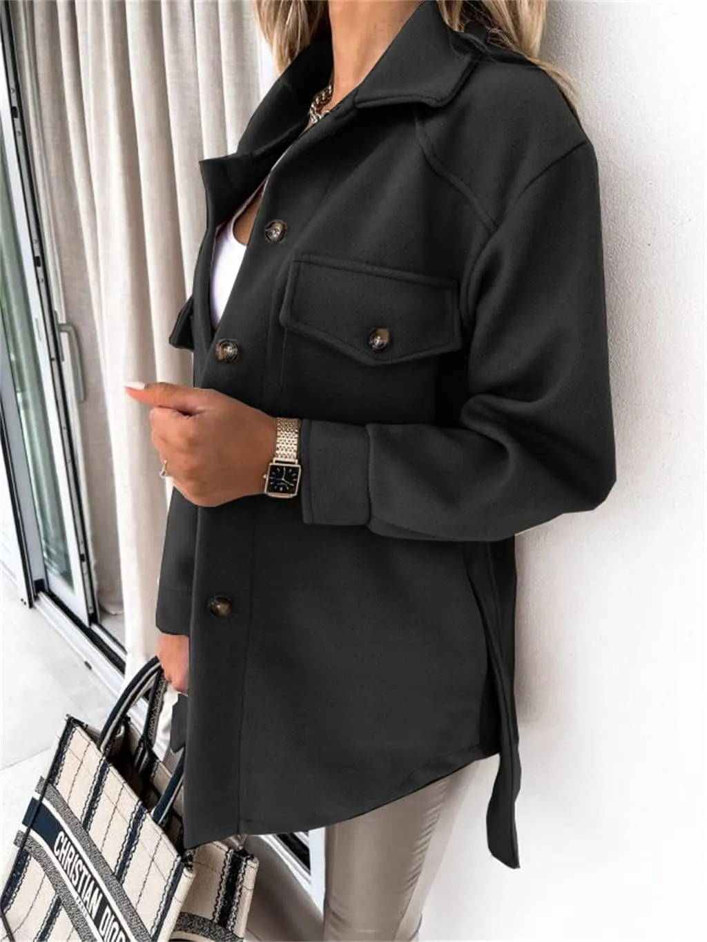 ZWRXW Womens Trench Coats Fashion Lapel Button Down Peacoat with Belted Casual Fall Winter Woolen Jackets Mid-Long Outwear