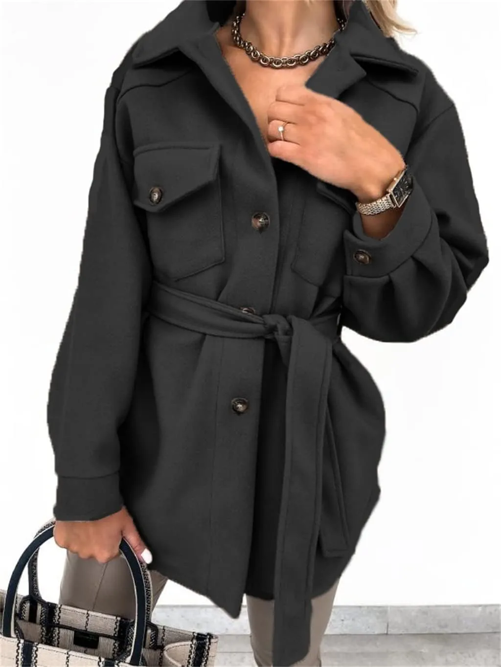 ZWRXW Womens Trench Coats Fashion Lapel Button Down Peacoat with Belted Casual Fall Winter Woolen Jackets Mid-Long Outwear